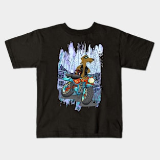 Daxhound and his motorcycle and background Kids T-Shirt